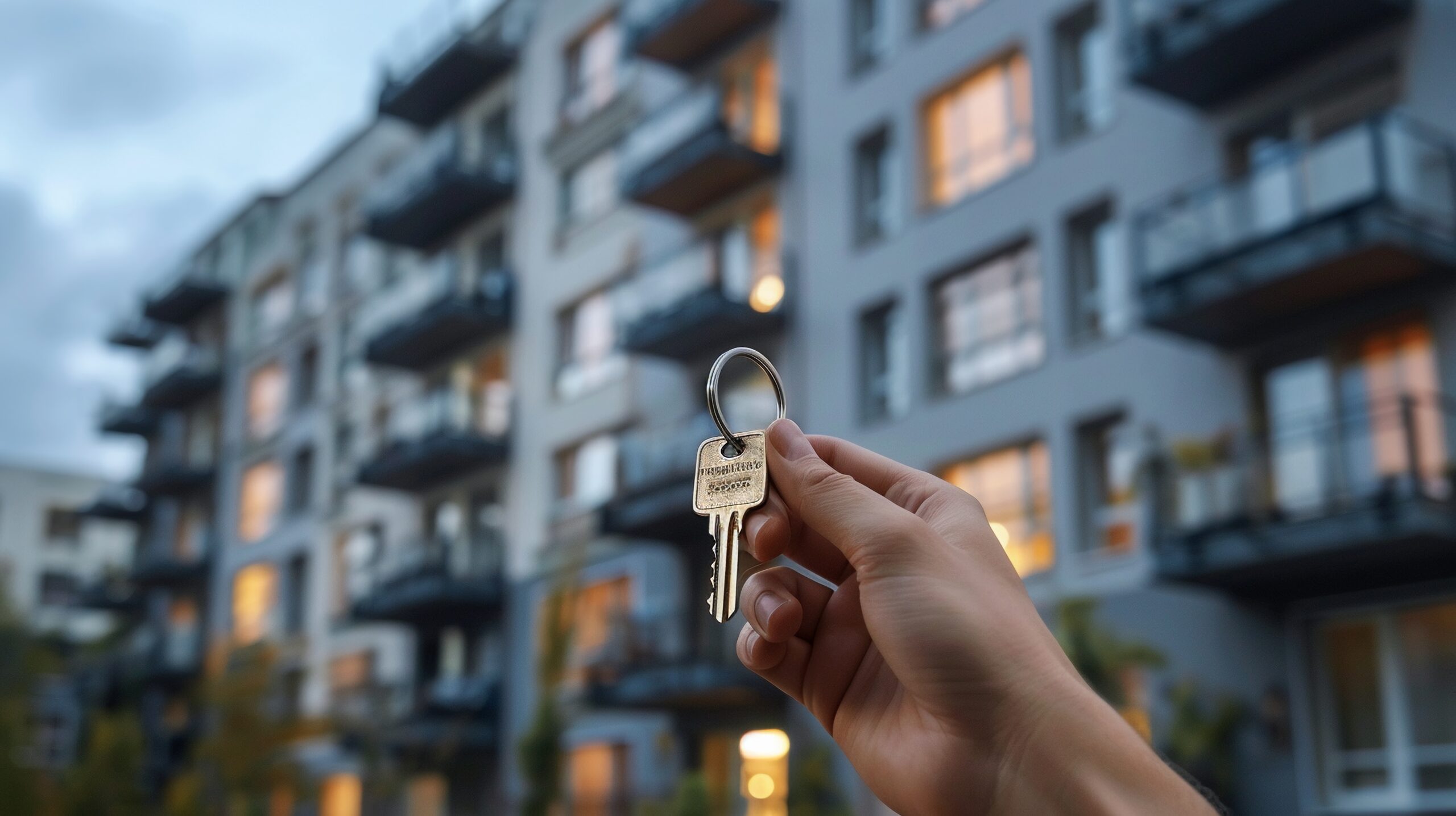 real estate agent holding keys to new house in front of apartment building